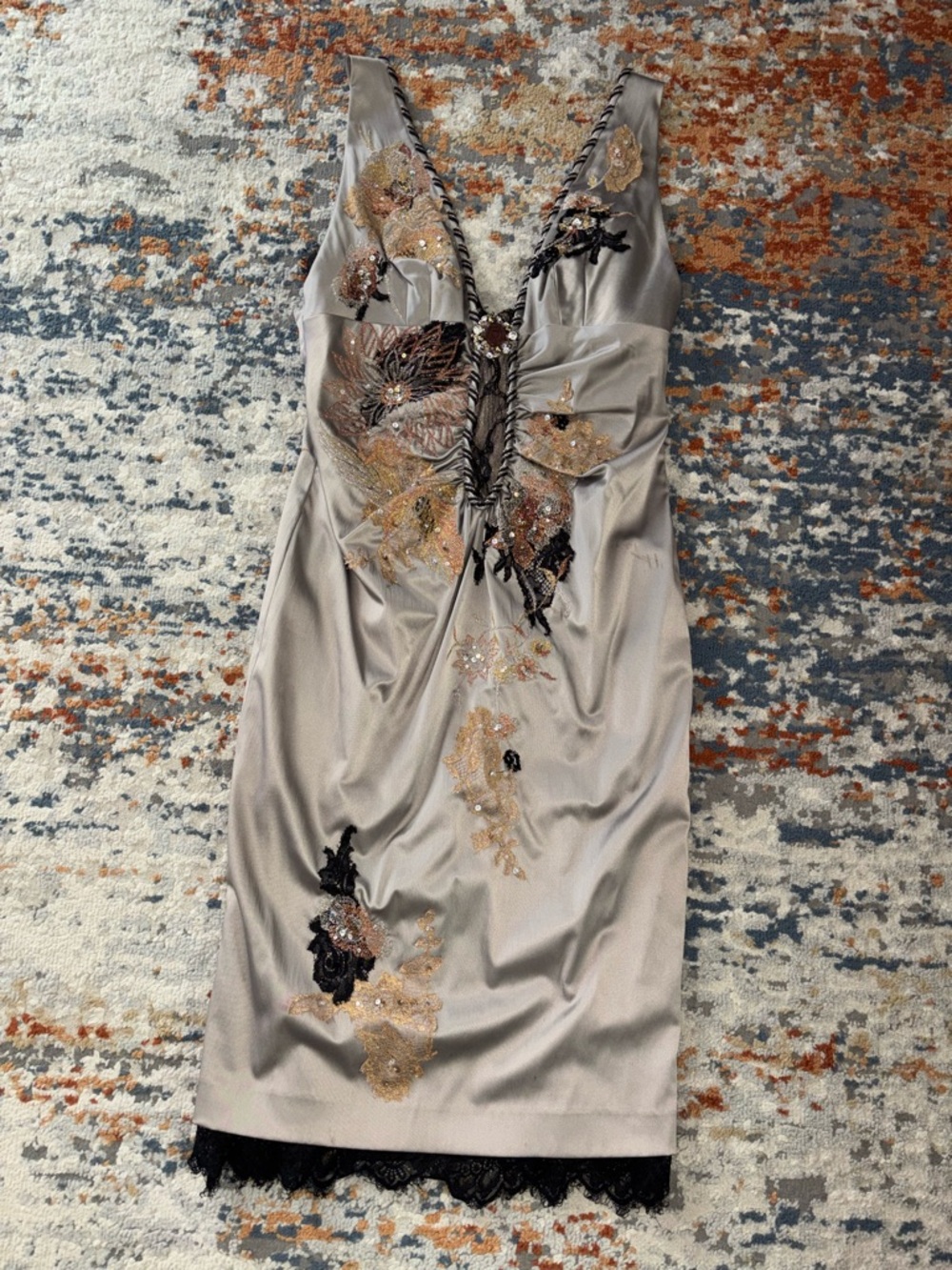 Embellished Satin Midi Dress in Silver-Gray